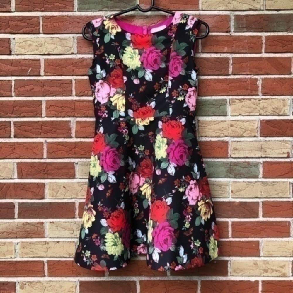 Baker by Ted Baker Juniors 14 Floral Black Pink Multicolor Skater Mini Dress 👗